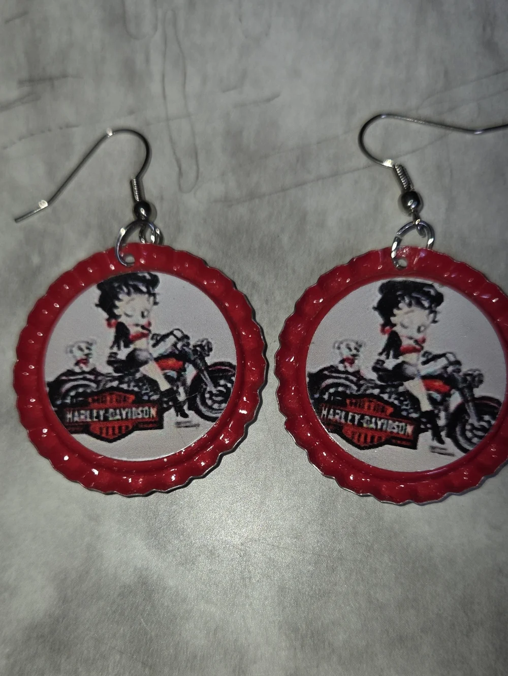 Harley-Davidson Red Betty Boop Motorcycle Bottle Cap Dangle Earrings